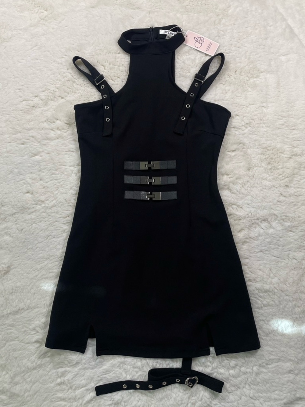 Black Strappy Mini Dress with Buckle Accents